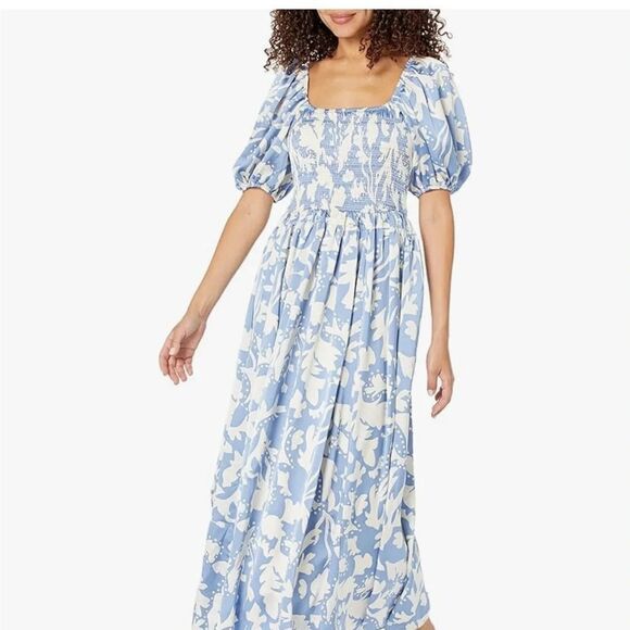 MOON RIVER Women's U Neck Puff Sleeve Shirred Tiered Midi Dress m - Picture 10 of 12